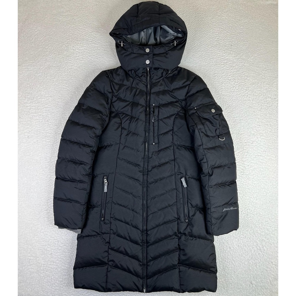 Eddie Bauer Coat Womens Small Black Down Hooded Zip Long Quilted Puffer Parka - Picture 1 of 14